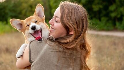 Young woman holding laughing corgi puppy